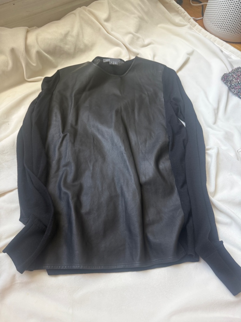 Vince Black Faux Leather Front Crew Neck Top